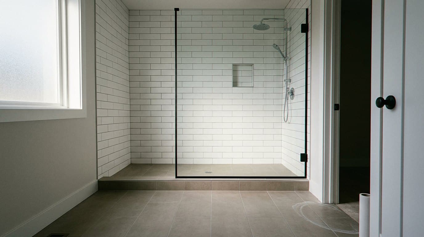 Bright white subway-tile walk-in shower with glass panel